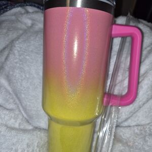 Iridescent Pink to Yellow Ombre Travel Mug with Pink Handle
